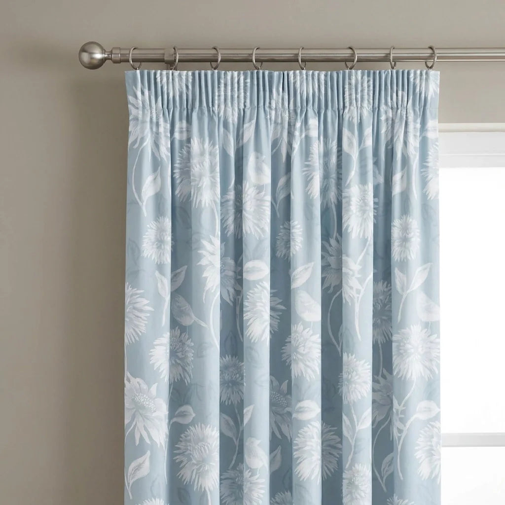 Chrysanthemum Floral Ready Made Pencil Pleat Curtains - Blue image 2