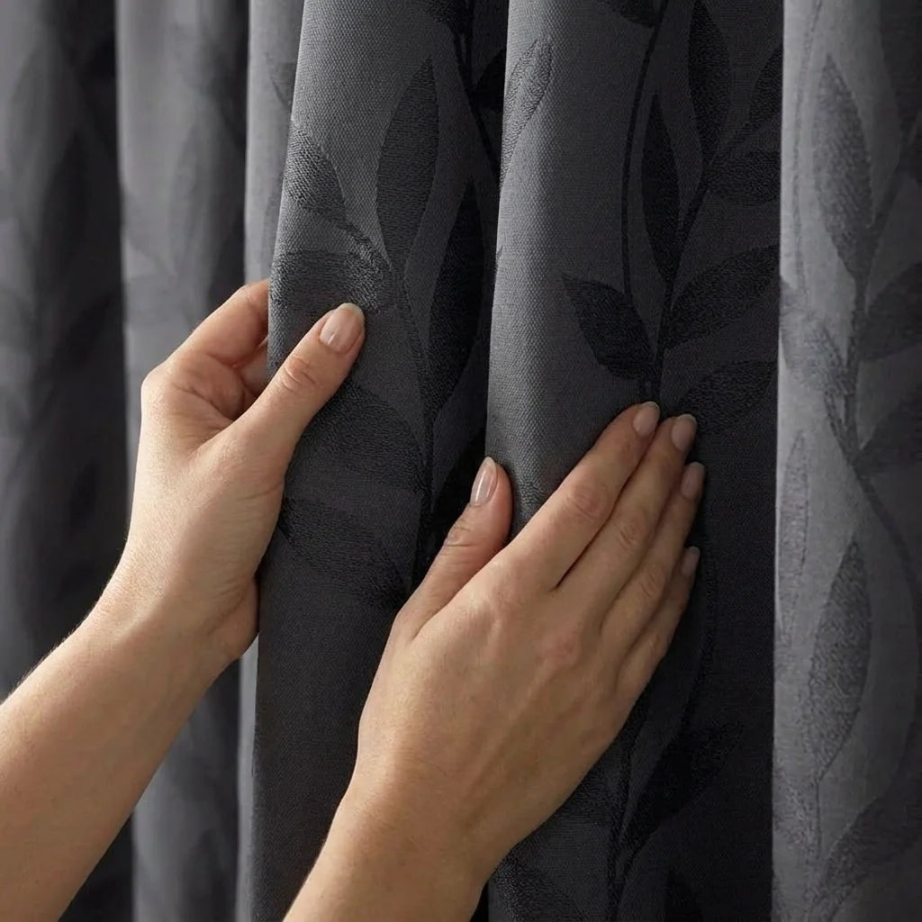 Tivoli Leaf Jacquard Lined Tape Top Pencil Pleat Curtains - Charcoal image 3