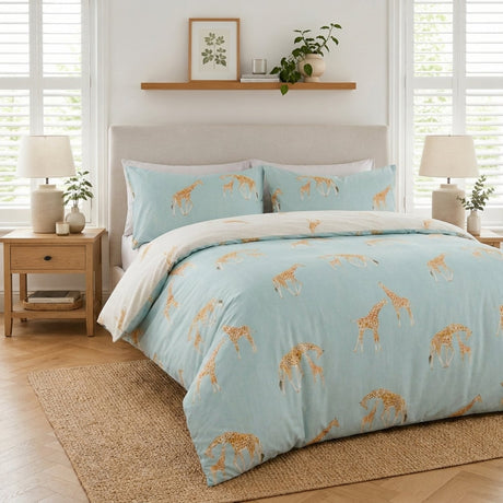 Milo Giraffe Reversible Polycotton Duvet Cover Bedding Set - Duck Egg