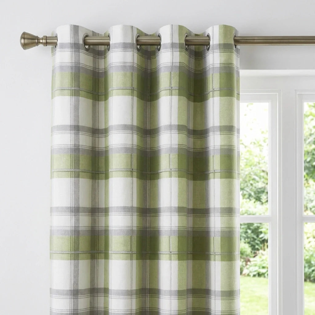 Balmoral Tartan Check Eyelet Curtains Ready Made - Green image 3