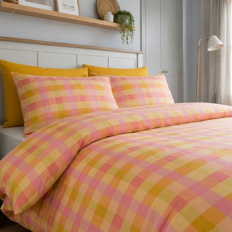 Block Check Cotton Blend Duvet Cover Set - Orange
