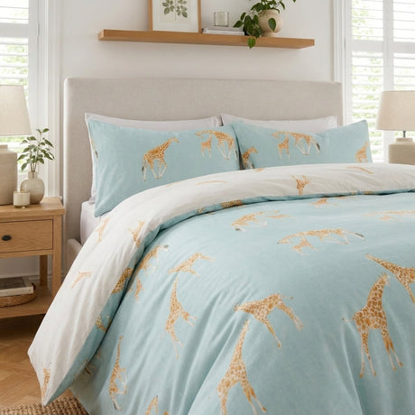Milo Giraffe Reversible Polycotton Duvet Cover Bedding Set - Duck Egg