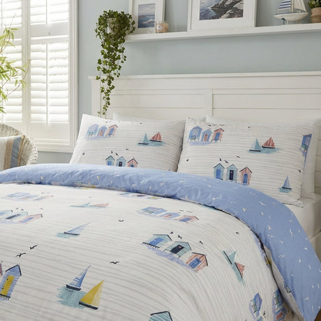 Beach Huts Polycotton Duvet Cover Set - Blue