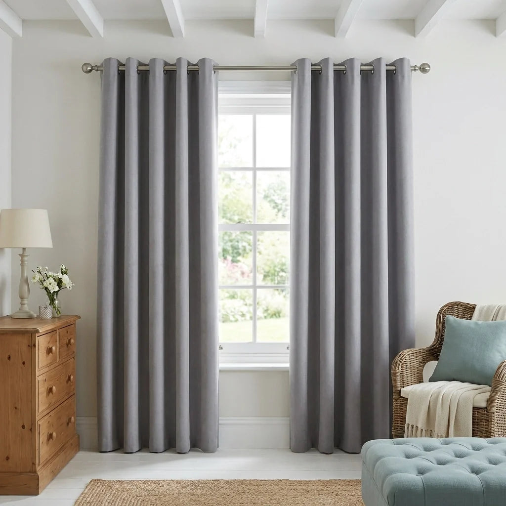 Silver Velvet Chenille Dimout Eyelet Curtains