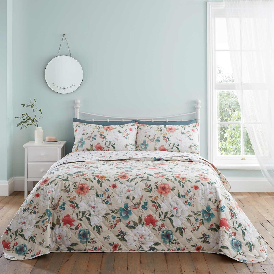 Catherine Lansfield Pippa Floral Birds Beige Bedspread