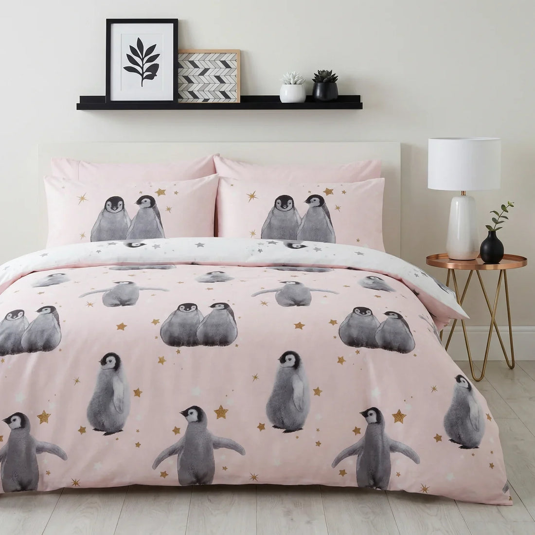 Starry Penguins Pink Duvet Cover Bedding Set