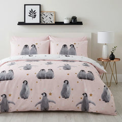 Starry Penguins Pink Duvet Cover Bedding Set