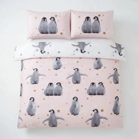 Starry Penguins Duvet Cover Set - Pink