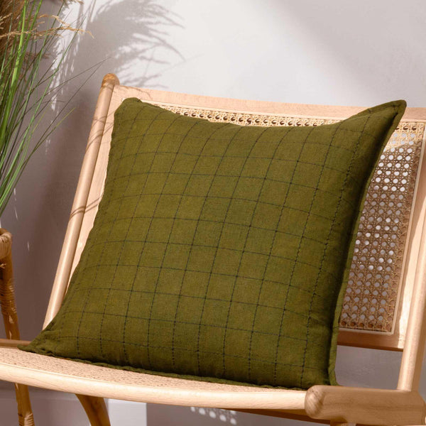 Linen Grid Check Cushion Cover Olive