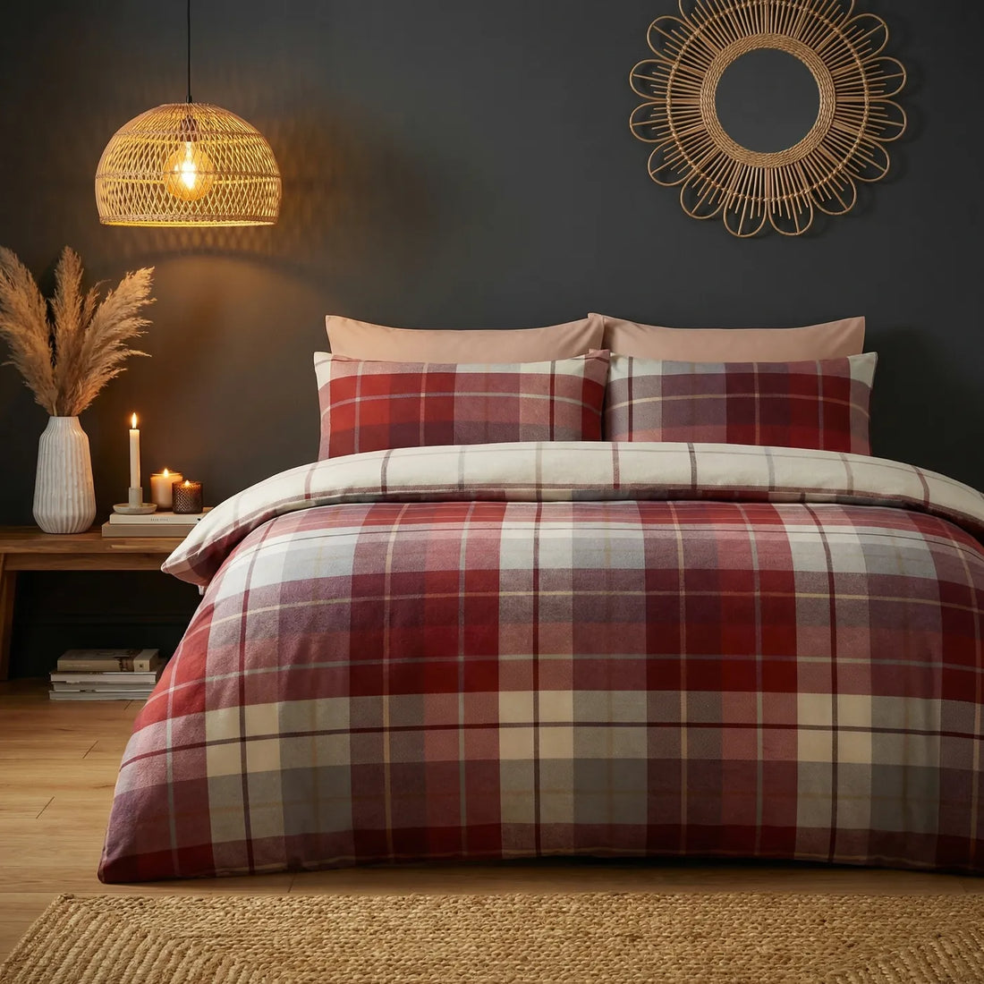 Lomond Check Red 100% Cotton Flannelette Duvet Cover Bedding Set