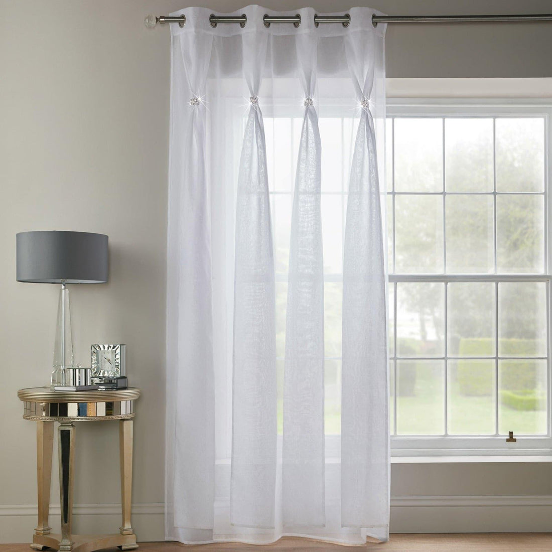 Diana Diamante Eyelet White Voile Curtains Panels Textured