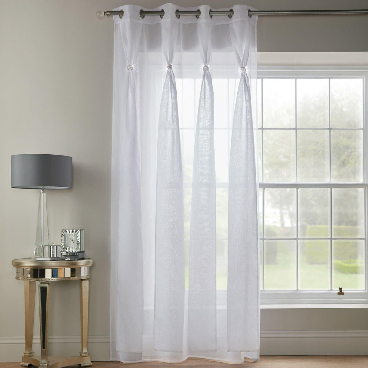Diana Diamante Eyelet Voile Curtain Panels - White