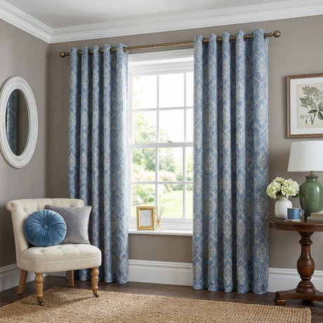 Vivianna Floral Dim Out Thermal Eyelet Curtains Blue 1