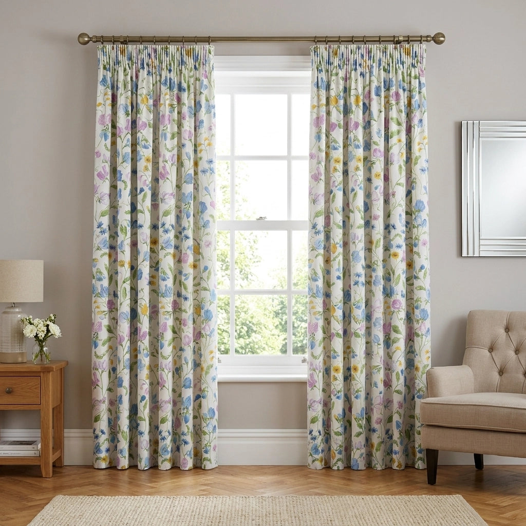 Sweetpea Floral Lilac 100% Cotton Pencil Pleat Curtains 66" x 72" 1
