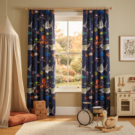 Sea Life Kids Tape Top Pencil Pleat Curtains Ready Made 1