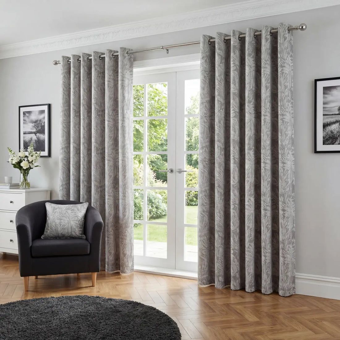 Botanic Silver Chenille Eyelet Curtains
