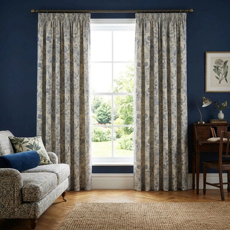 Averie Blue Floral 100% Cotton Pencil Pleat Curtains 1