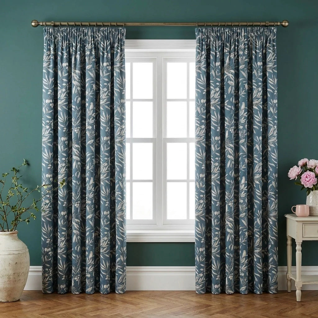 Aviary Bluebell Pencil Pleat Curtains