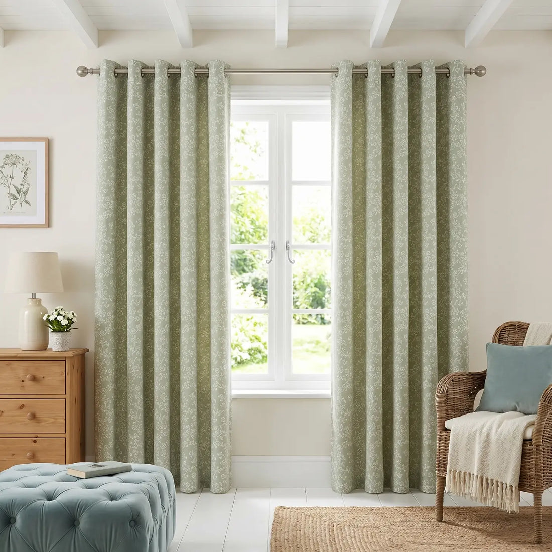 Sade Floral Green Eyelet Curtains