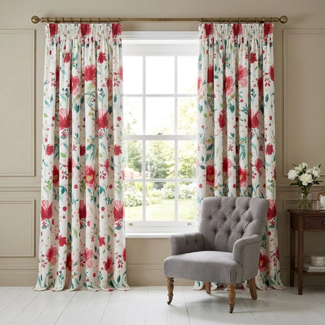 Abstract Poppy Red Floral Pencil Pleat Curtains 66" x 72" 1