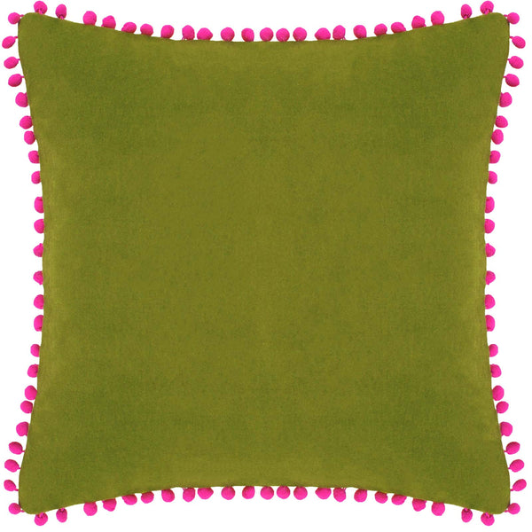 Velvet Pom Pom Cushion Cover Green + Fuchsia