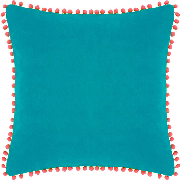 Velvet Pom Pom Cushion Cover Teal + Coral