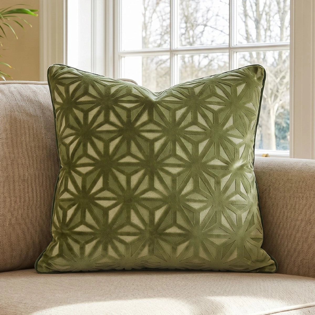 Star Geo Geometric Textured Green Filled Cushion / Cover 17" x 17" 1