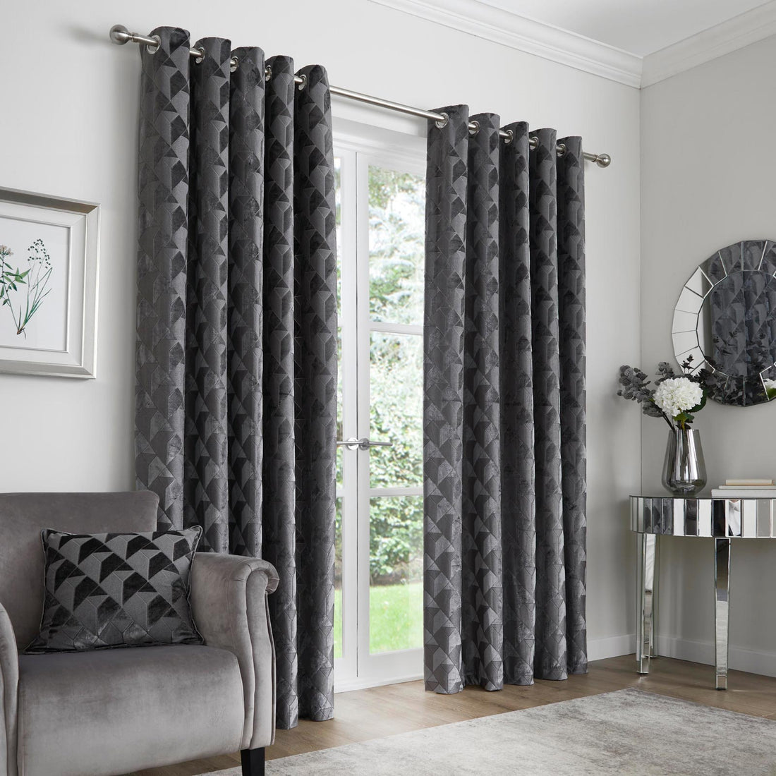 Quentin Silver Velvet Thermal Blackout Eyelet Curtains Grey