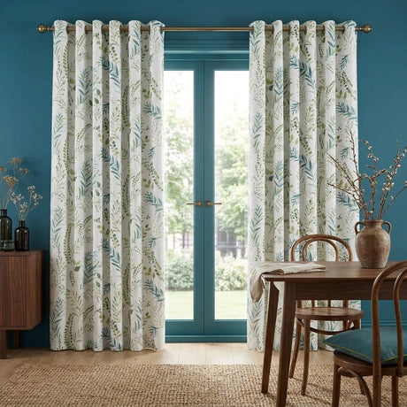 Fernworthy Green Leaf Print Ready Made Eyelet Curtains 1