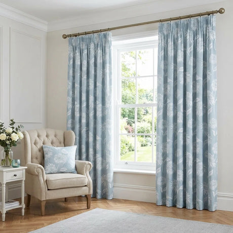 Chrysanthemum Floral Ready Made Pencil Pleat Curtains - Blue