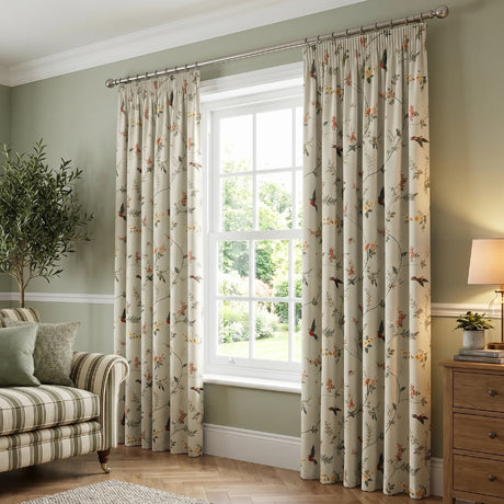 Darnley Floral Bird 100% Cotton Pencil Pleat Curtains Coral 1