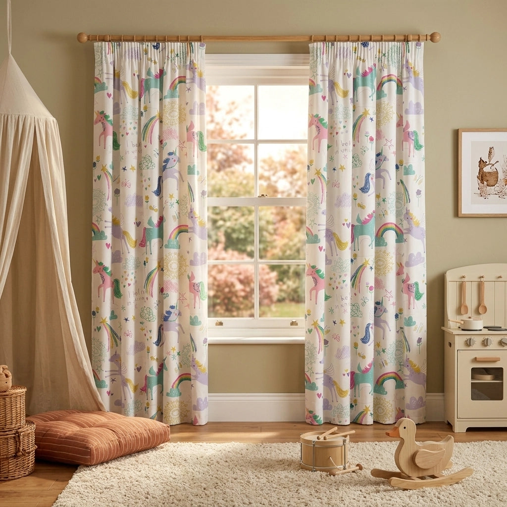 Rainbow Unicorn Kids Tape Top Curtains 1