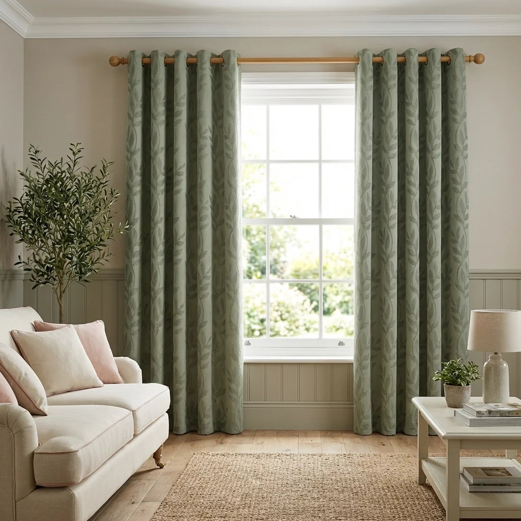 Tivoli Leaf Jacquard Lined Sage Eyelet Curtains