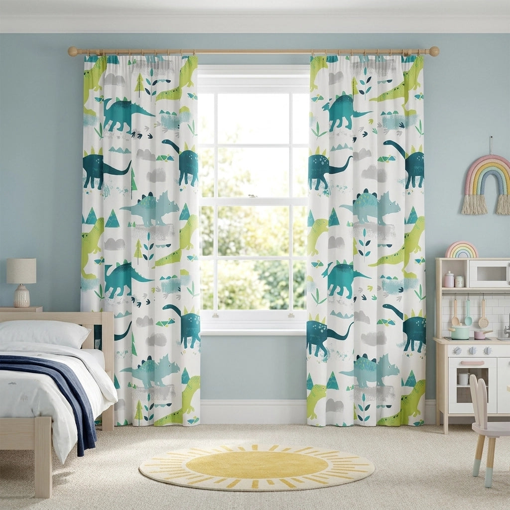 Dino Kids Dinosaur Print Tape Top Curtains 1