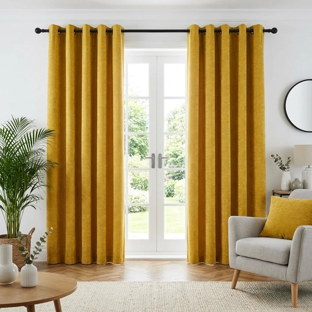 Ochre Chenille Thermal Blackout Eyelet Curtains