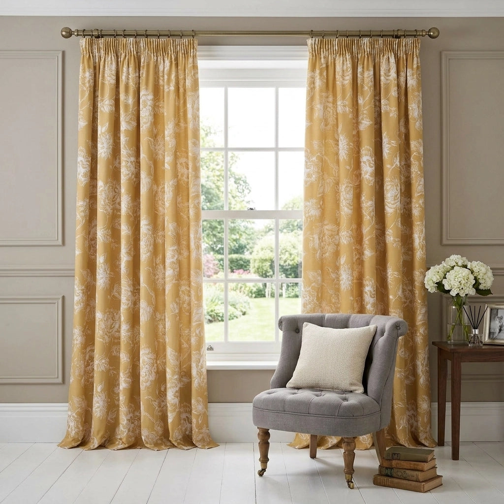 Mishka Floral Gold Pencil Pleat Curtains 1