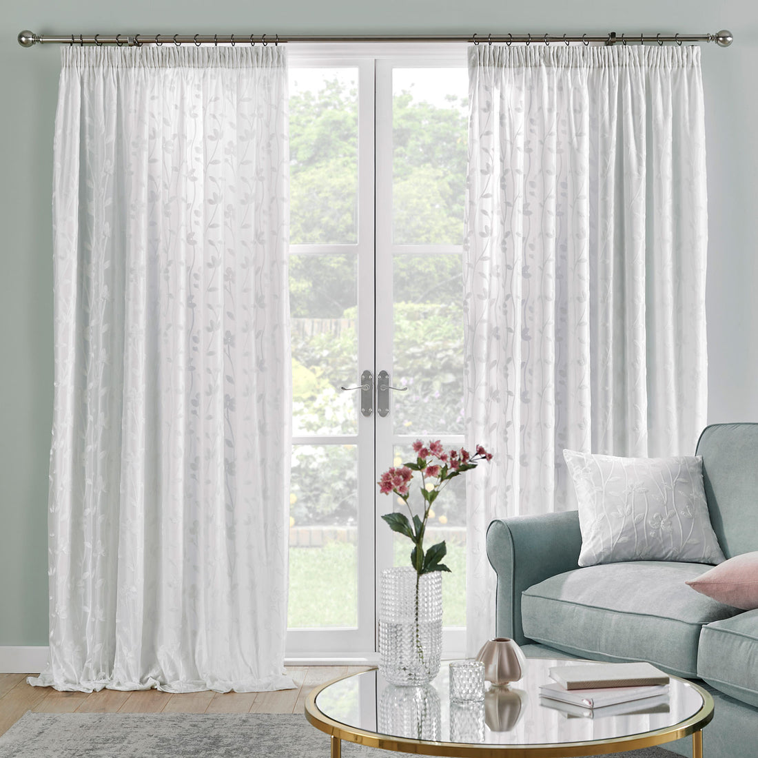 Sophia Floral Jacquard Lined Voile Pencil Pleat Curtains Light Filtering