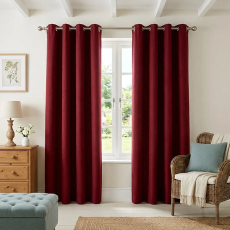 Velvet Chenille Eyelet Curtains - Red