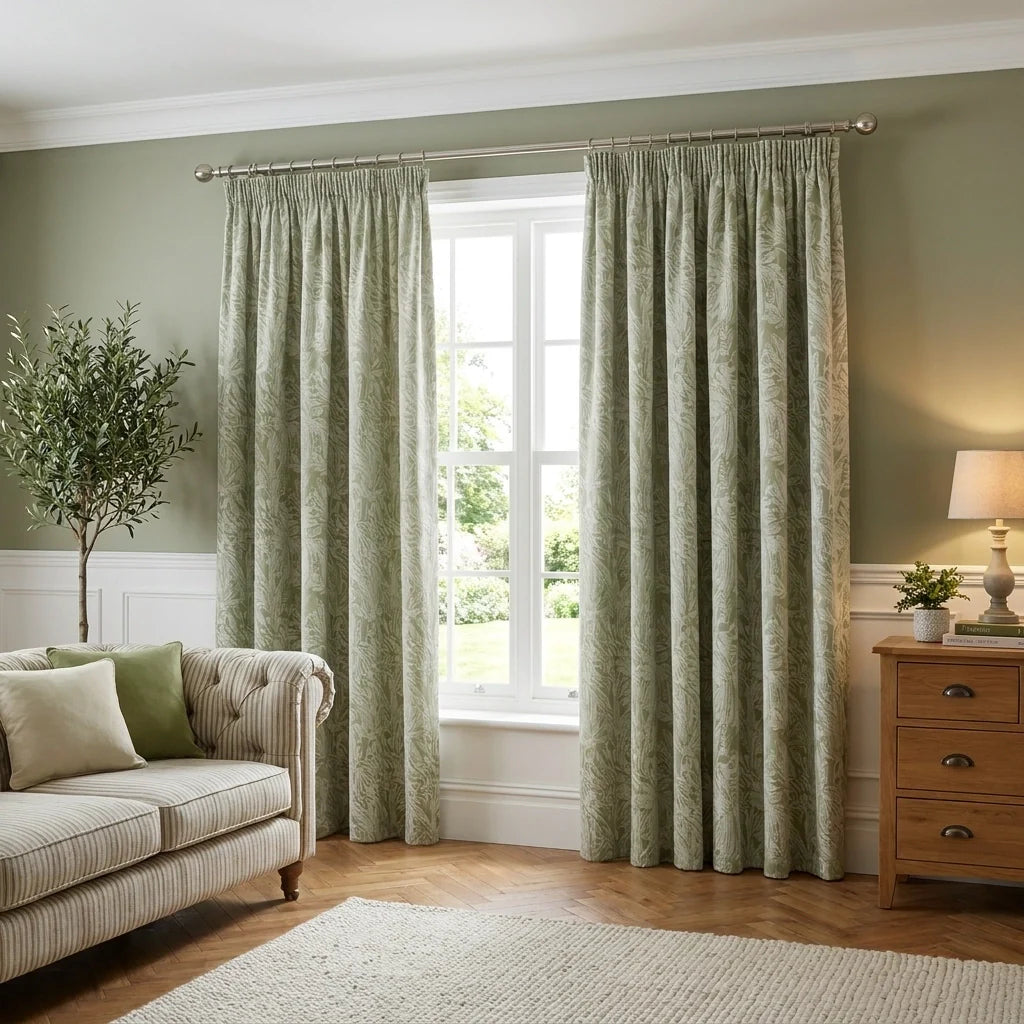 Botanic Lined Green Thermal Blackout Pencil Pleat Curtains