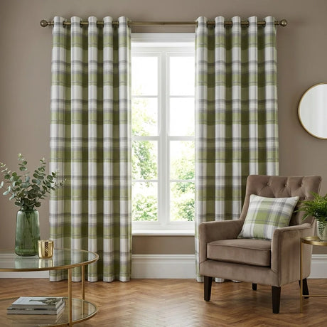 Balmoral Tartan Check Eyelet Curtains Ready Made - Green