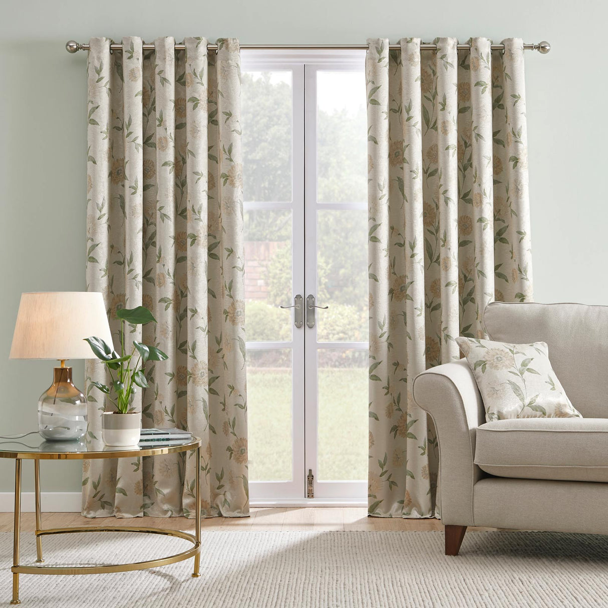 Dahlia Floral Dim Out Thermal Eyelet Curtains - Natural