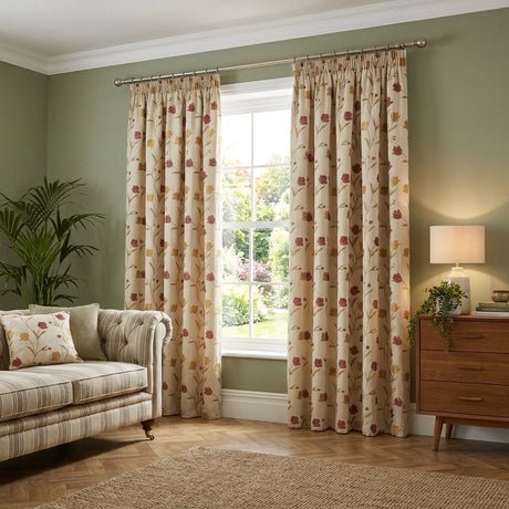 Juliette Floral Pencil Pleat Curtains Natural & Red 1