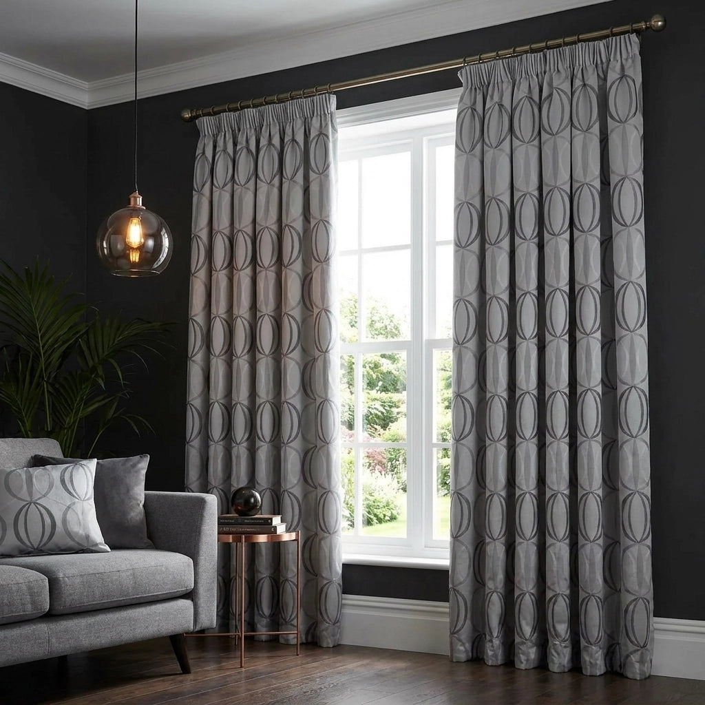 Omega Geometric Jacquard Lined Silver Tape Top Curtains