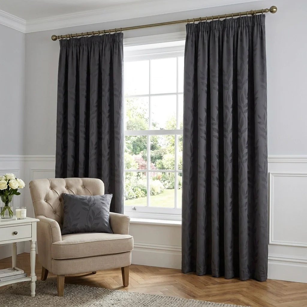 Tivoli Leaf Jacquard Lined Charcoal Pencil Pleat Curtains