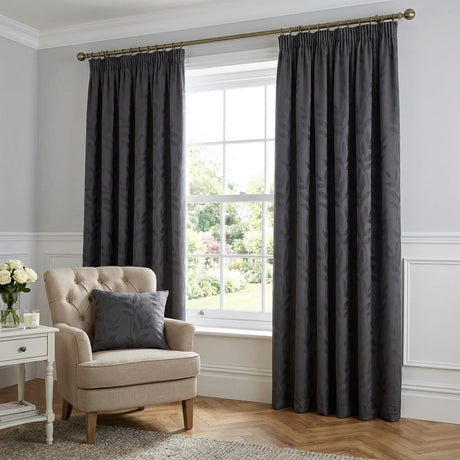 Tivoli Leaf Jacquard Lined Tape Top Pencil Pleat Curtains - Charcoal
