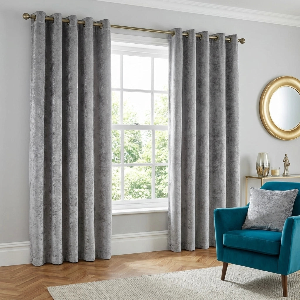 Crushed Silver Velvet Eyelet Curtains