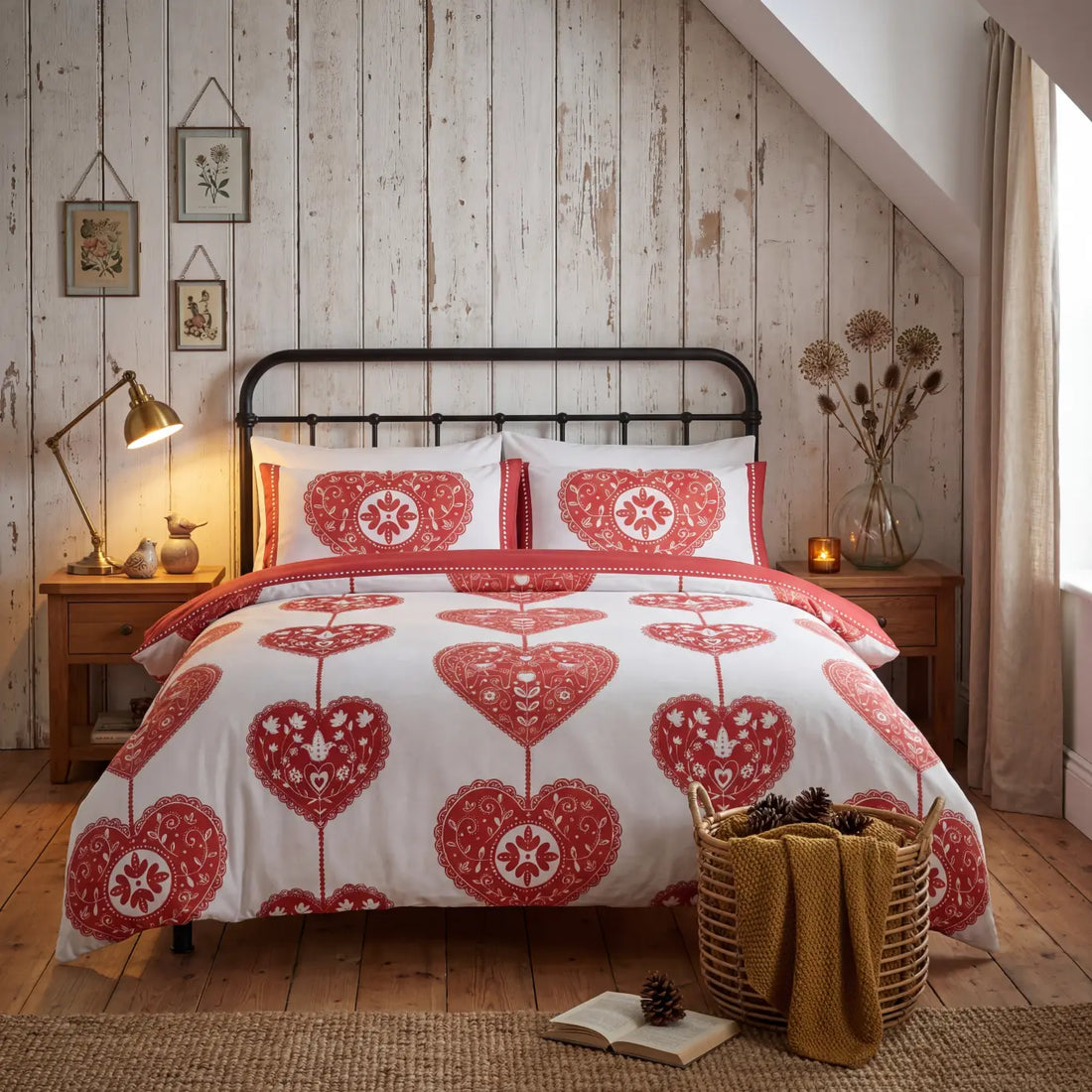 Scandi Heart Red 100% Cotton Flannelette Duvet Cover Bedding Set