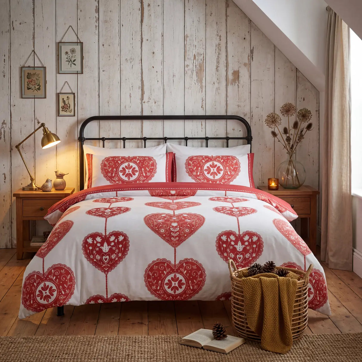 Scandi Heart Flannelette Duvet Cover Set - Red