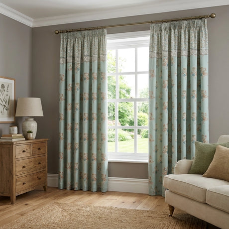 Lorena Patchwork Floral Duck Egg Pencil Pleat Curtains 1