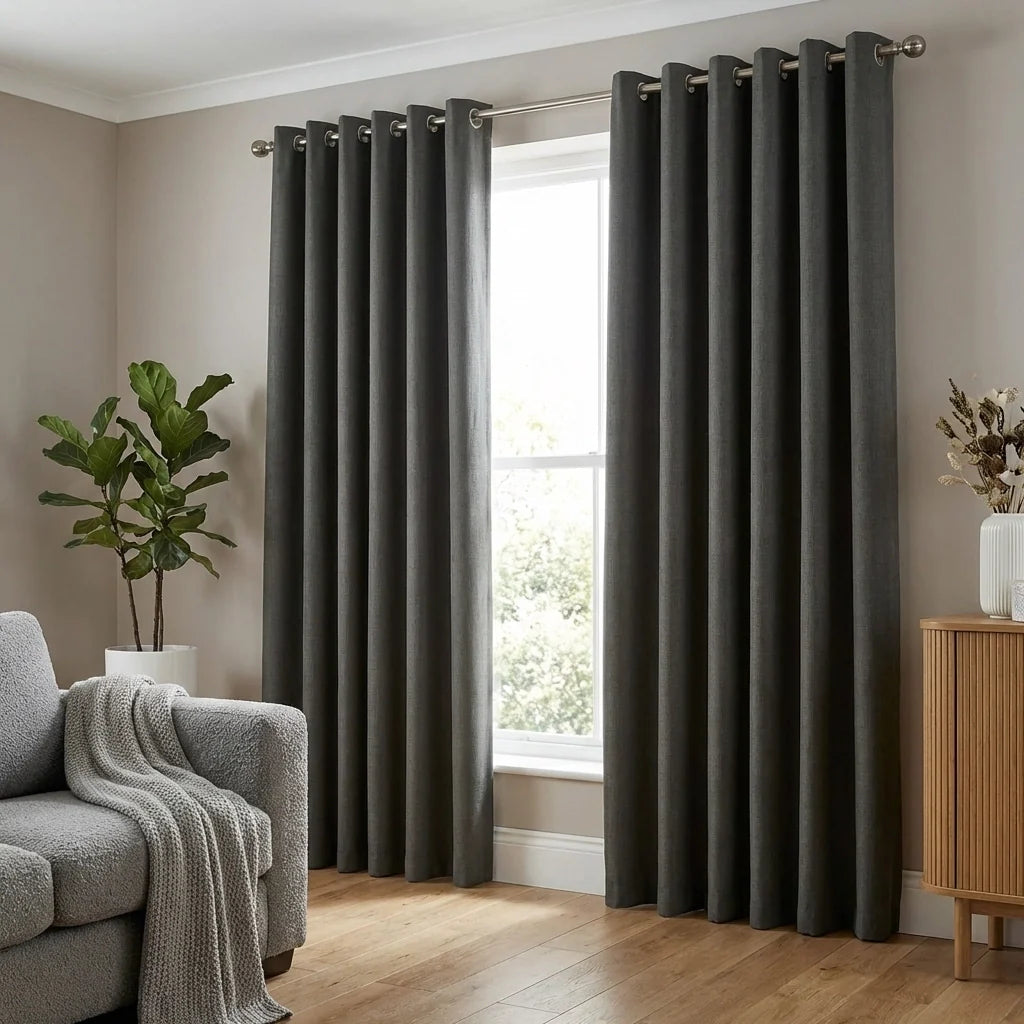 Linen Look Charcoal Thermal Blackout Eyelet Curtains